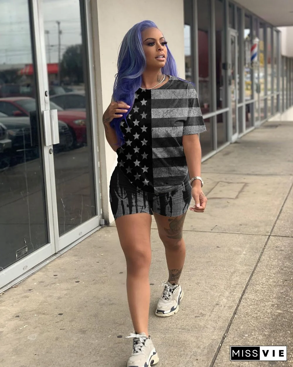 American Independence Day Flag Print Short Sleeve Two-Piece Set