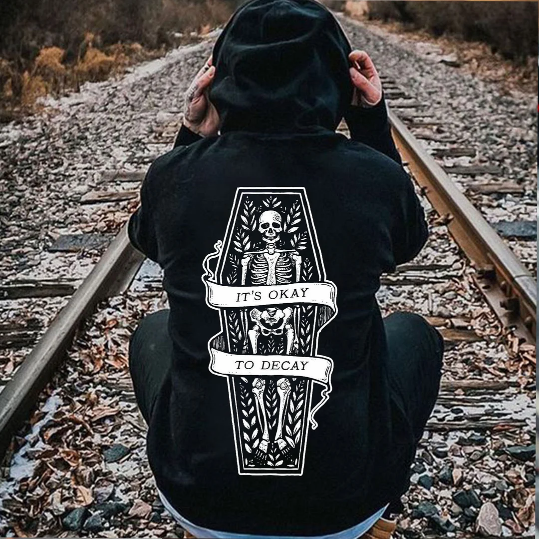 IT’S OKAY TO DECAY Skull in Coffin Graphic  Black Print Hoodie
