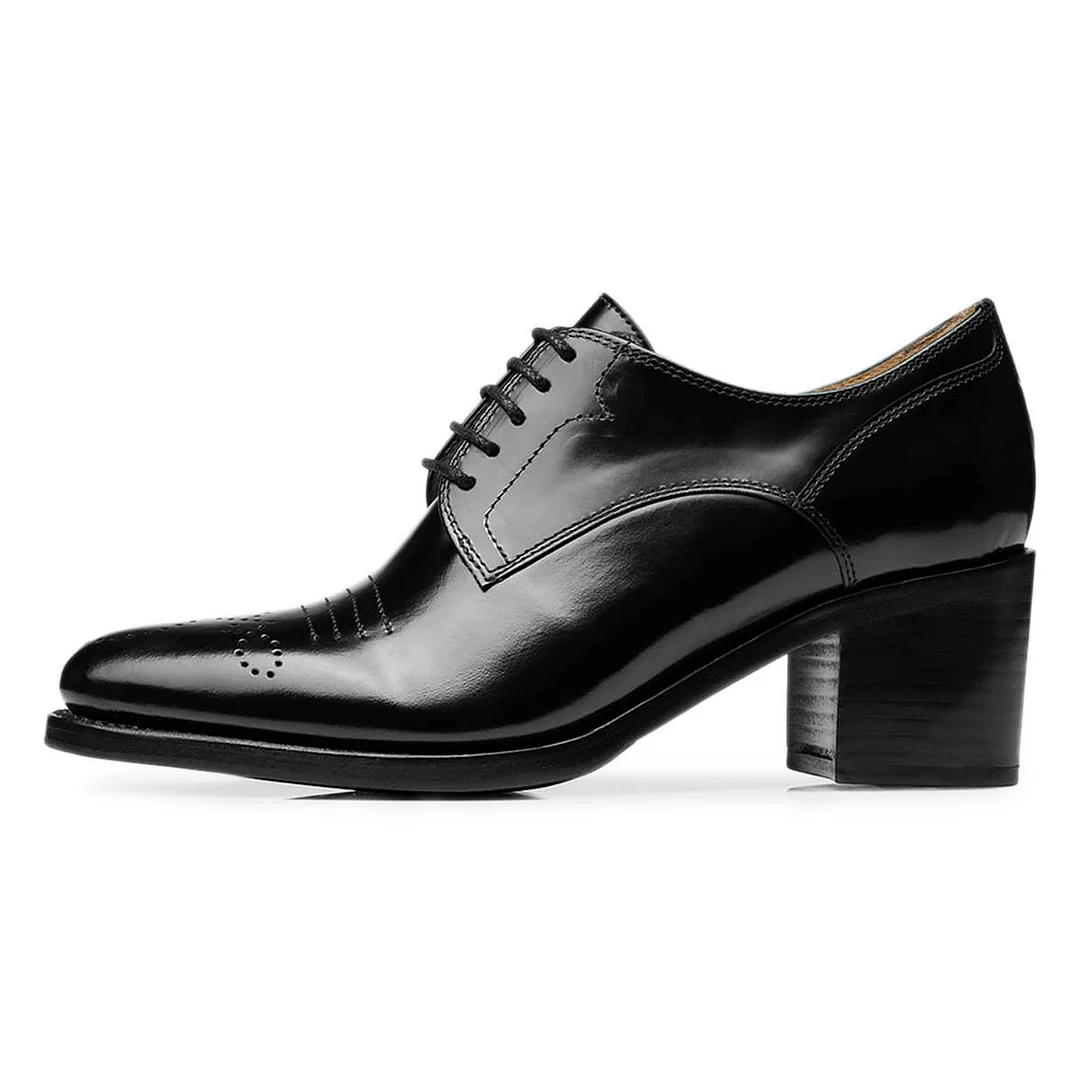 Black Lace Up Almond Toe Chunky Heel Slip-On Oxford Shoes Women