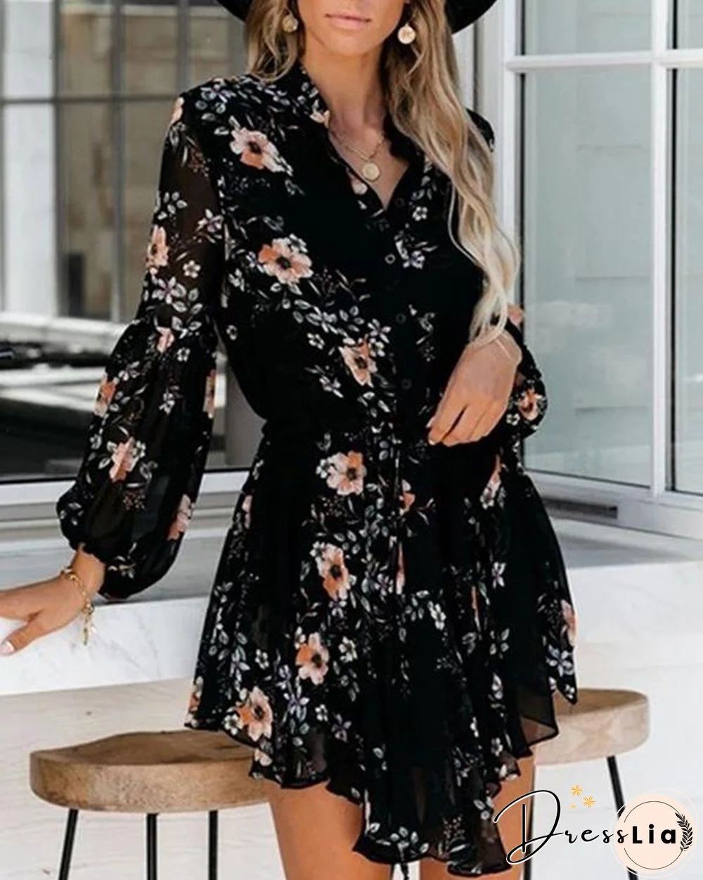 Long Sleeve V-neck Simple Print Dress