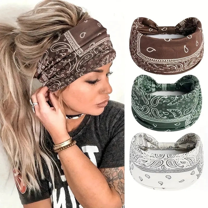 Women Bohemian Style New Stretch Headband Paisley Wide Side Hair Accessories Face Headscarf