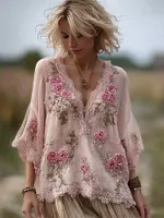 Boho Pink Roses Lace Trim Flare Flowy Linen Tunic
