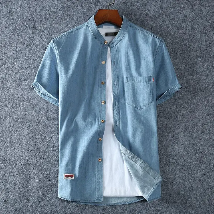 Men's Casual Cotton Stand Collar Short Sleeve Denim Shirt