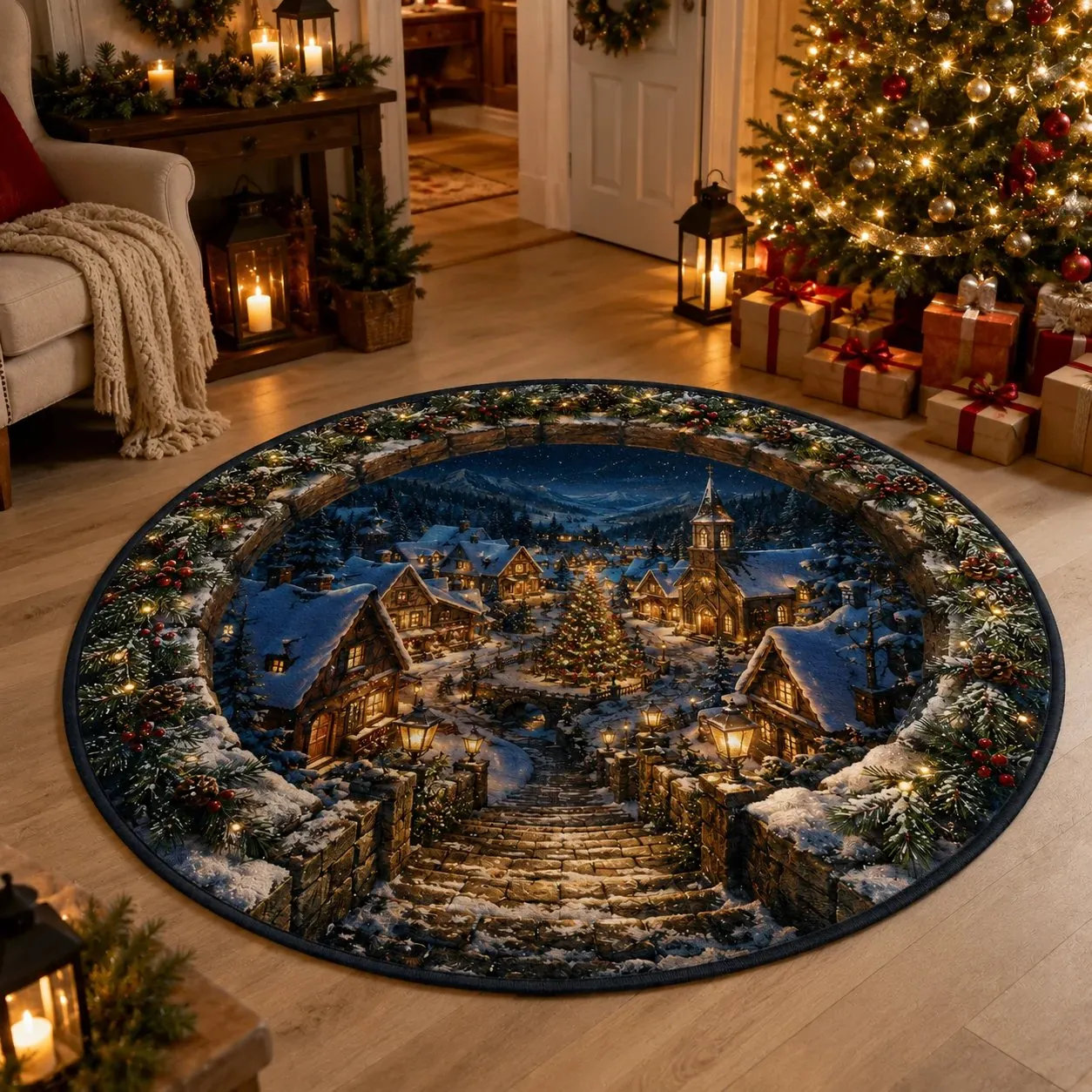 Christmas village 3D illusion rug in decorated living room