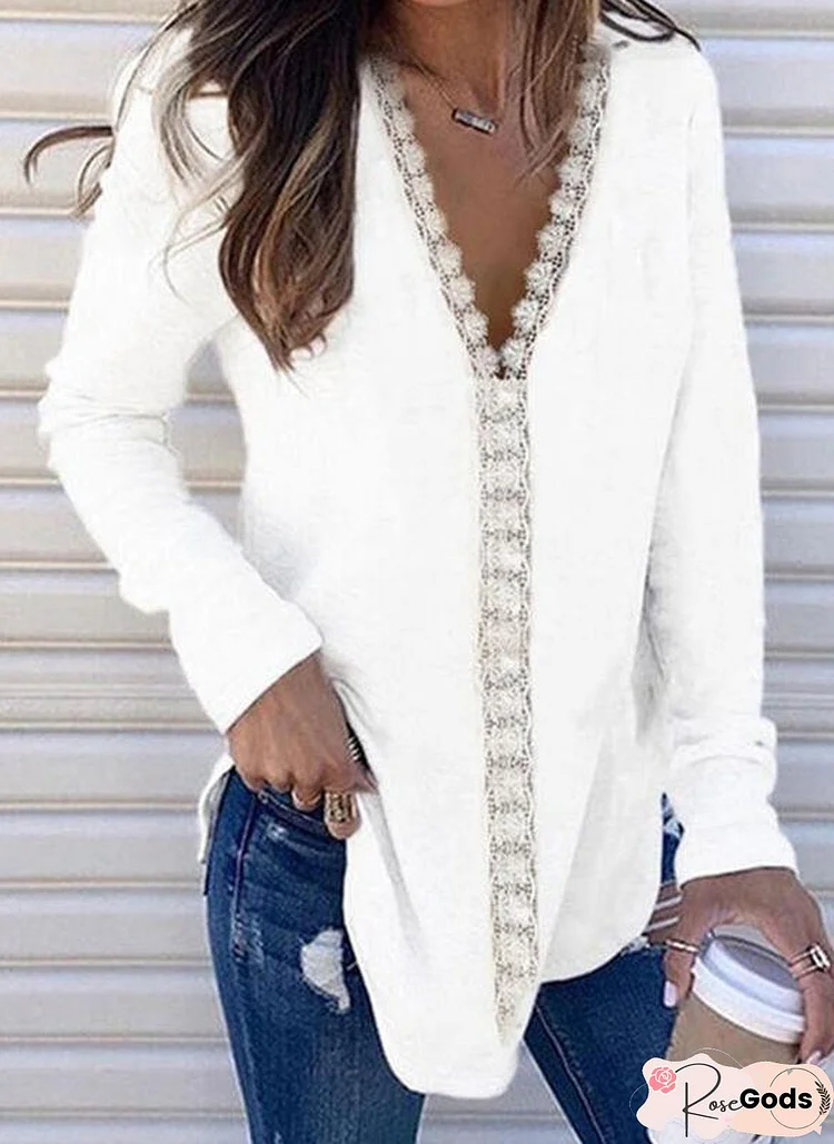 Plain Long Sleeve V Neck Casual Tops