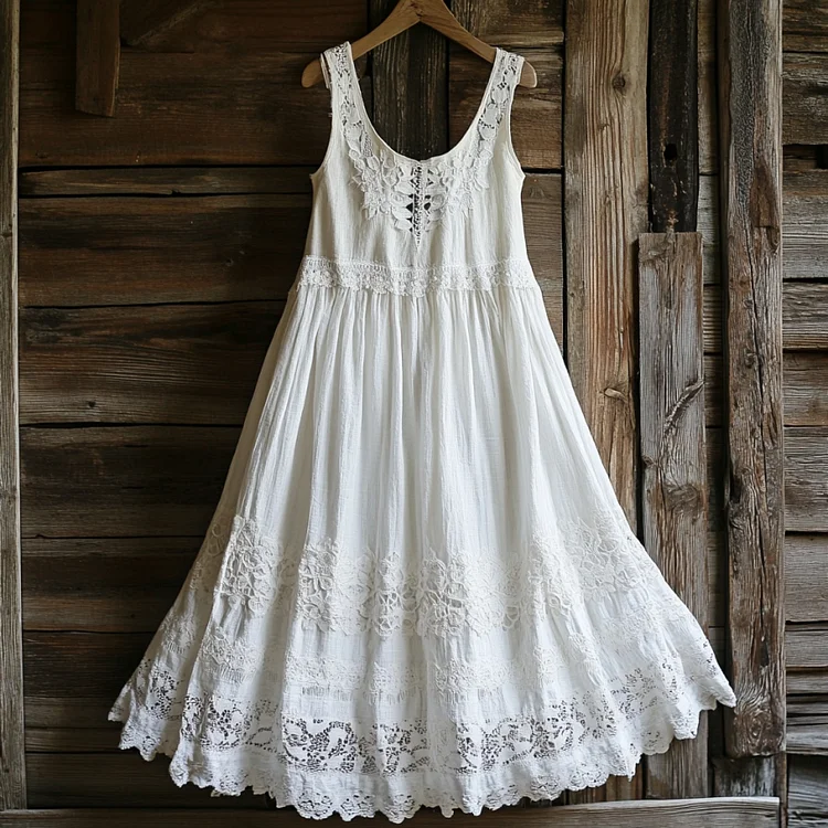 Vintage Floral Lace Art Linen Tank Dress