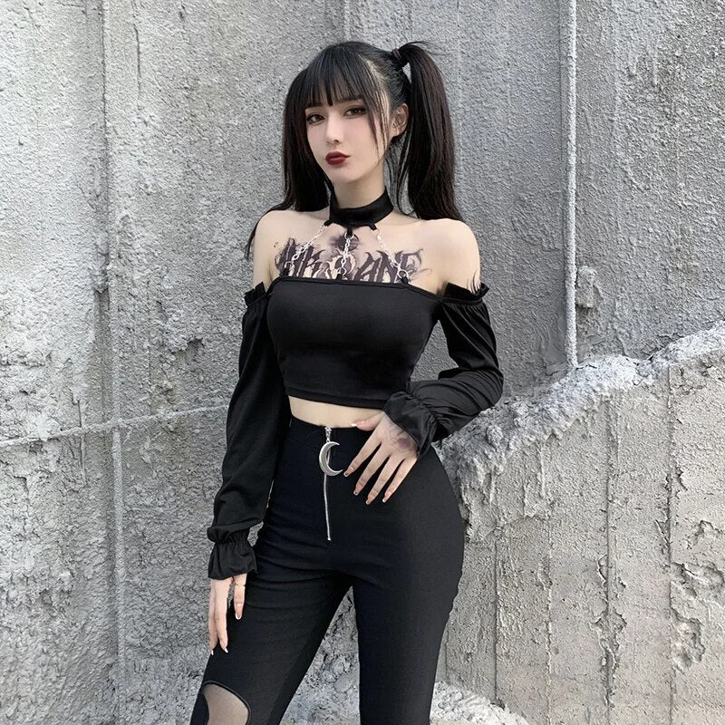 InsGoth Harajuku Streetwear Bodycon Off Shoulder Long Sleeve Tops Gothic Black Crop Tops Streetwear Punk Chain Matal Patchwork