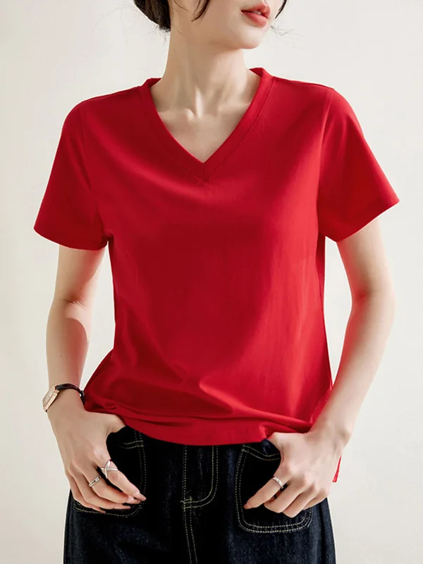 Solid Color Loose Short Sleeves V-Neck T-Shirts Tops