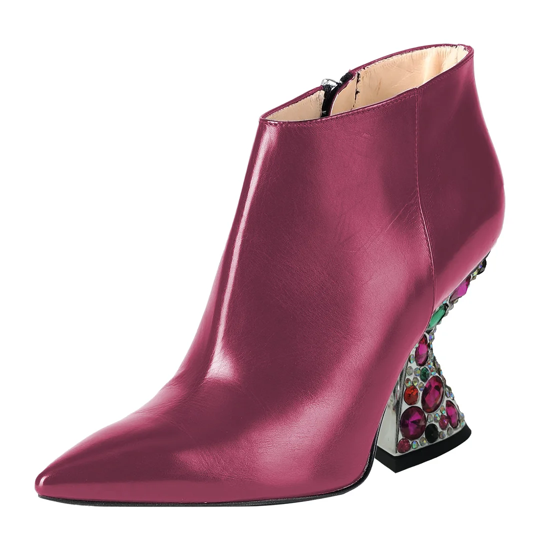 Shiny Vegan Leather Side-Zip Decorative Heel Ankle Boots in Magenta