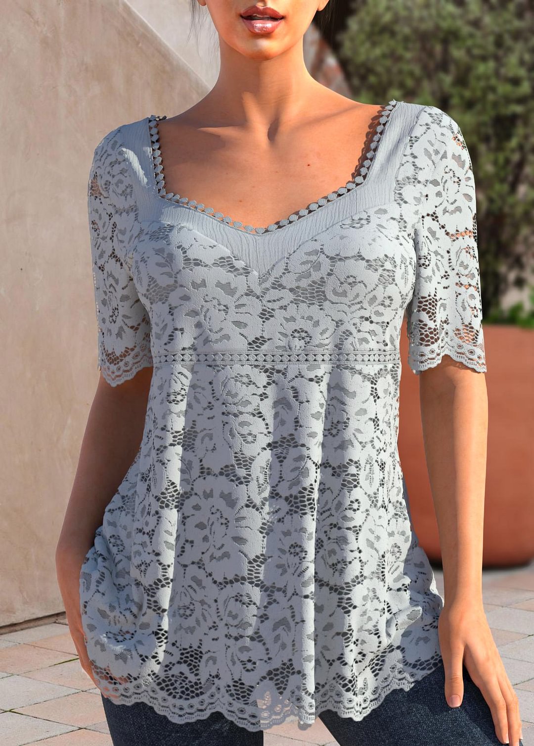 Lace Half Sleeve Light Grey T Shirt