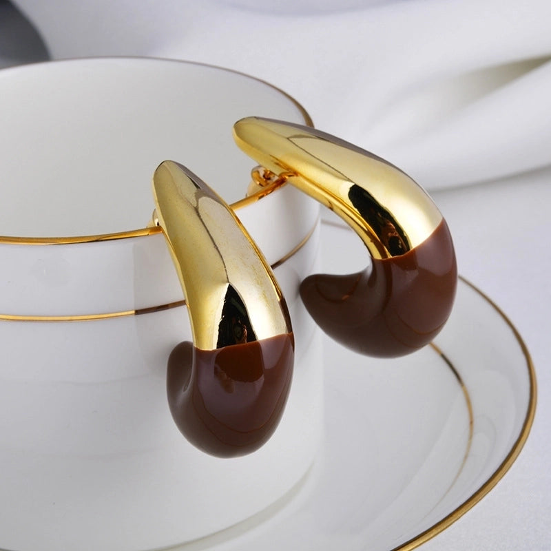 1 Pair Minimalist C Shape Enamel Copper 22K Gold Plated Ear Studs