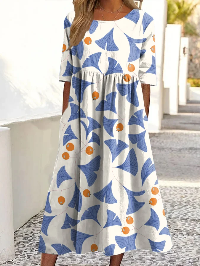 Vintage Ginkgo Art Print Round Neck Pocket Midi Dress