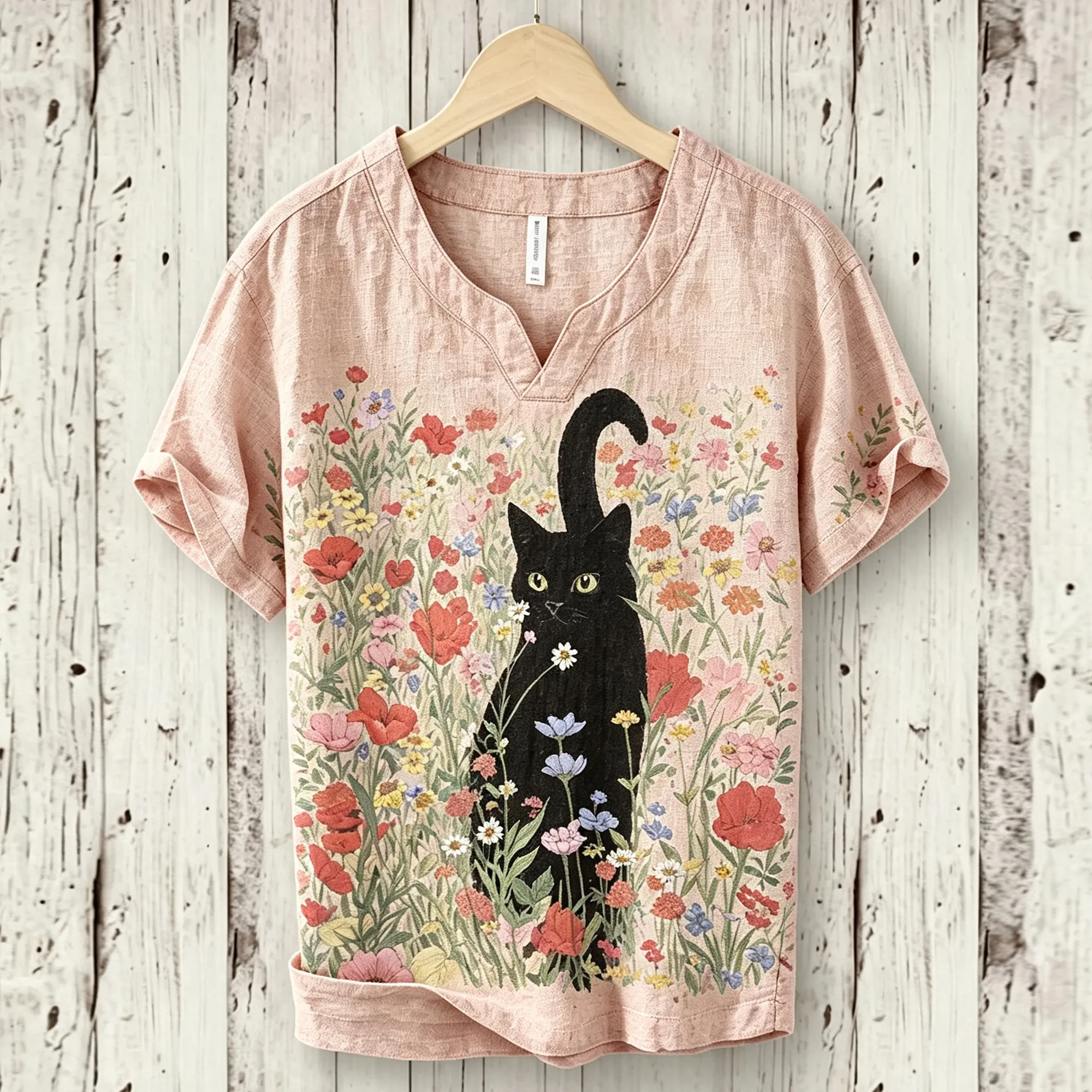 Comstylish Women's Vintage Boho Wildflower Black Cat Graphic Blouse