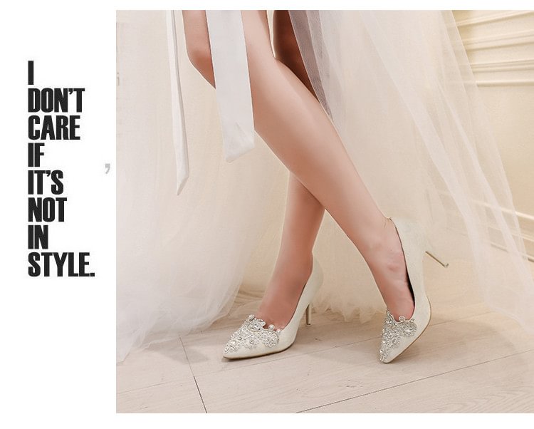 Ivory Bridal Shoes Lace Heels Pointy Toe Rhinestone Pumps for Wedding |FSJ Shoes