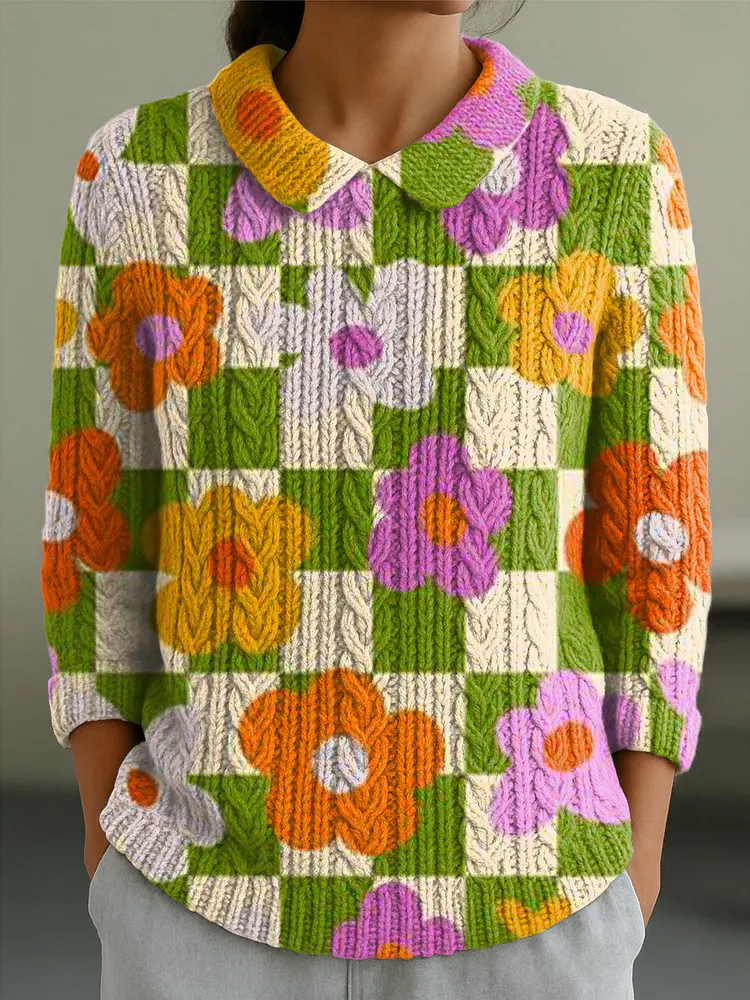 Women's Colorful Floral Plaid Art Print Casual Peter Pan Collar 3/4 Sleeve Sweater