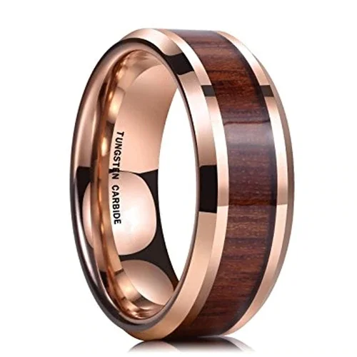 Women's Or Men's Wood Inlay and Rose Gold Tone Tungsten Carbide Matching Wedding Band Rings with High Polish and Beveled Edges Rings With Mens And Womens For Width 4MM 6MM 8MM 10MM