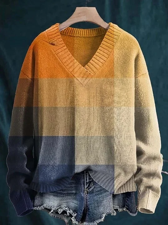 Orange Blue Gradient Plaid Mosaic Abstract Art Print Knit V-neck Pullover Sweater