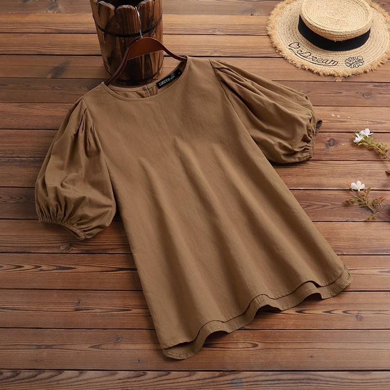 Summer Women Solid Half Puff Sleeve Blouse ZANZEA Casual Elegant Chemise Vocation Holiday Tunic Tops Female Office Work Blusas