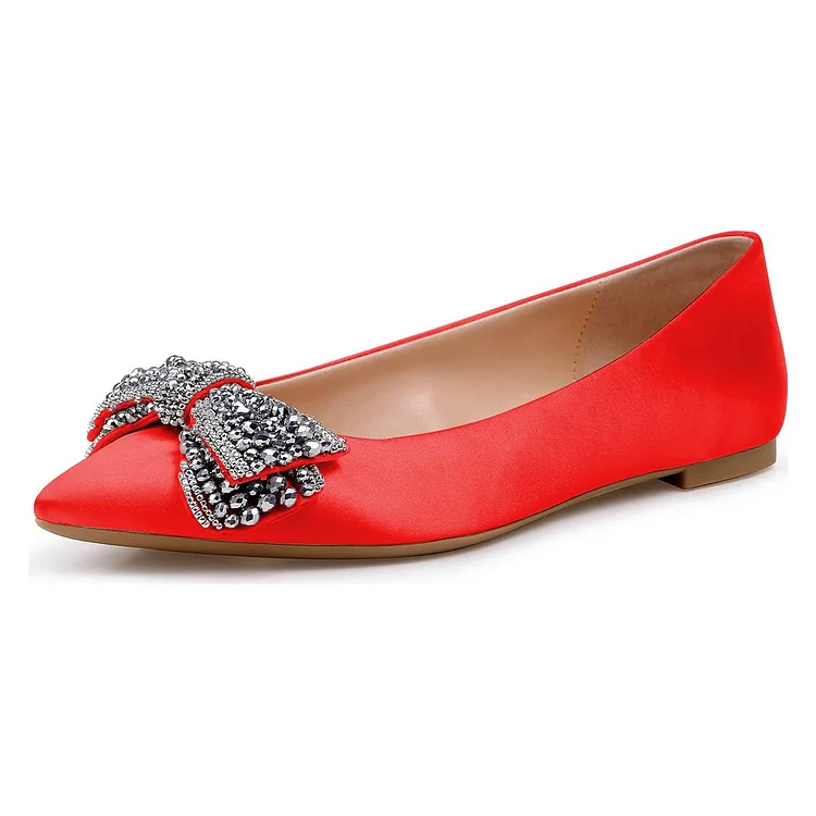 Red Satin Beaded Bow Pointed Toe Comfortable Flats |FSJ Shoes