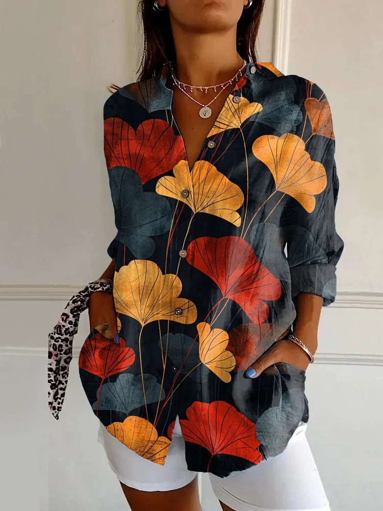 Japanese Art Ginkgo Leaf Print Casual Long Sleeve Shirt