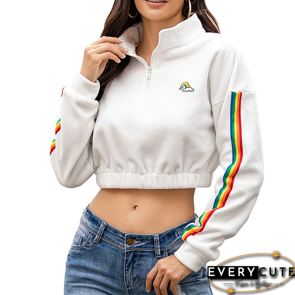 White Zipperd Up Crop Hoodie