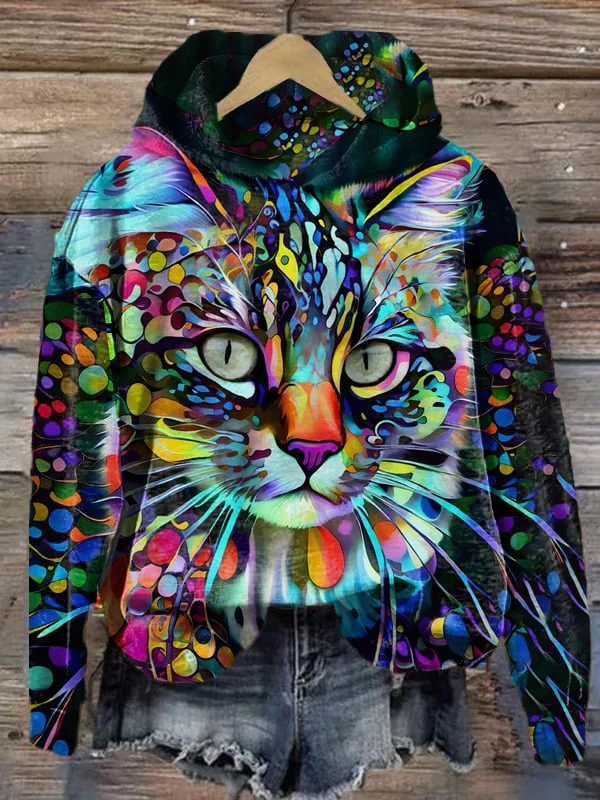 Fashion Art Cat Print Hoodie socialshop