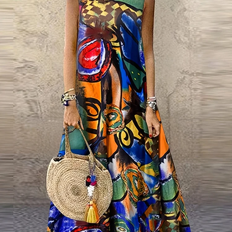 Plus Size Casual Tank Dress, Women's Plus Abstract Painting Print Round Neck Medium Stretch Maxi Tank Dress