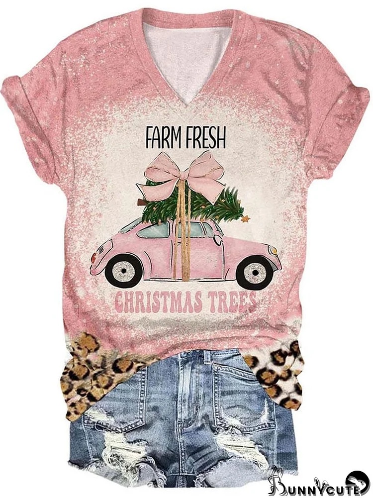 Women's Casual Farm Fresh Christmas Trees Print Short Sleeve T-Shirt