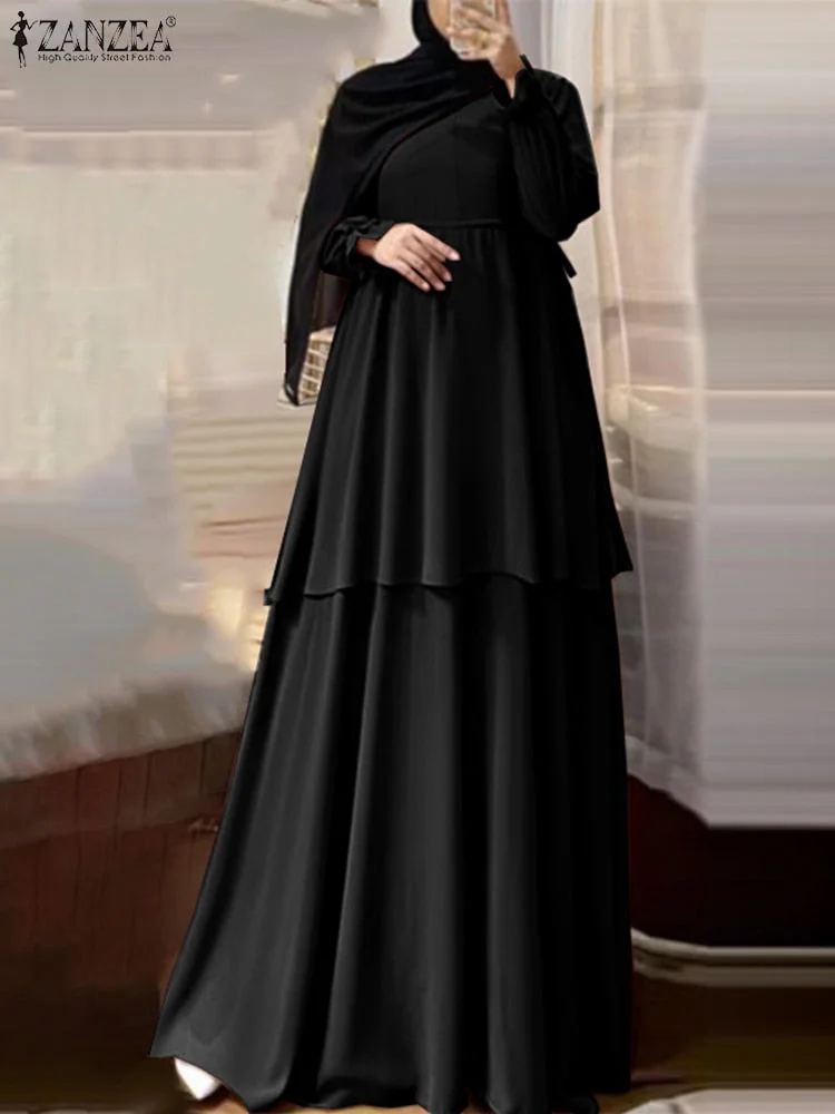 Women Casual Long Sleeve O Neck Solid Dress Islamic Clothing ZANZEA 2022 Fashion Muslim Sundress Kaftan Holiday Marocan Caftan