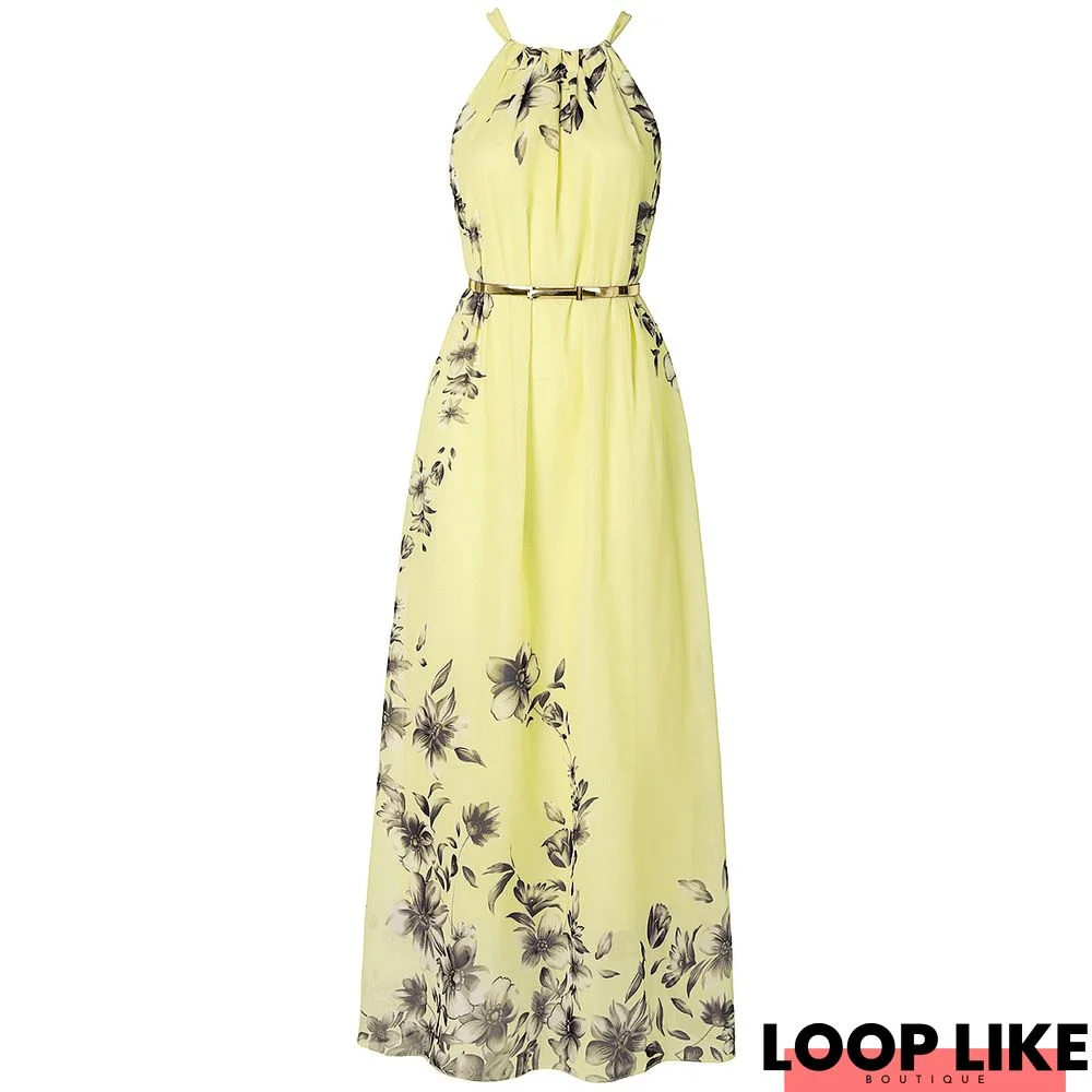 Bohemian Slim Dress Floral Sleeveless Print Chiffon Beach Skirt Holiday Dress