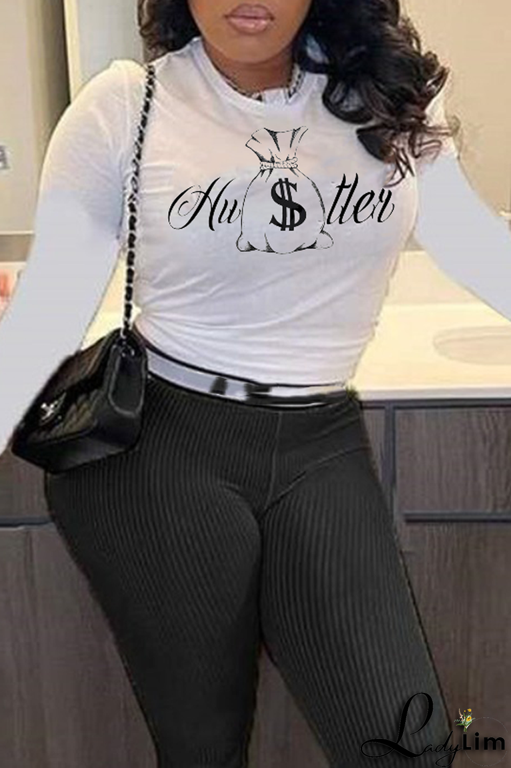 White Casual Street Print Patchwork Letter O Neck Tops