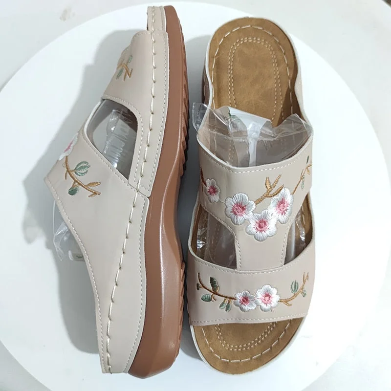 Rimocy Fashion Embroider Soft Slippers Women Summer Open Toe Flock Comfort Beach Shoes Mujer 2022 Outdoor Thick Bottom Slippers