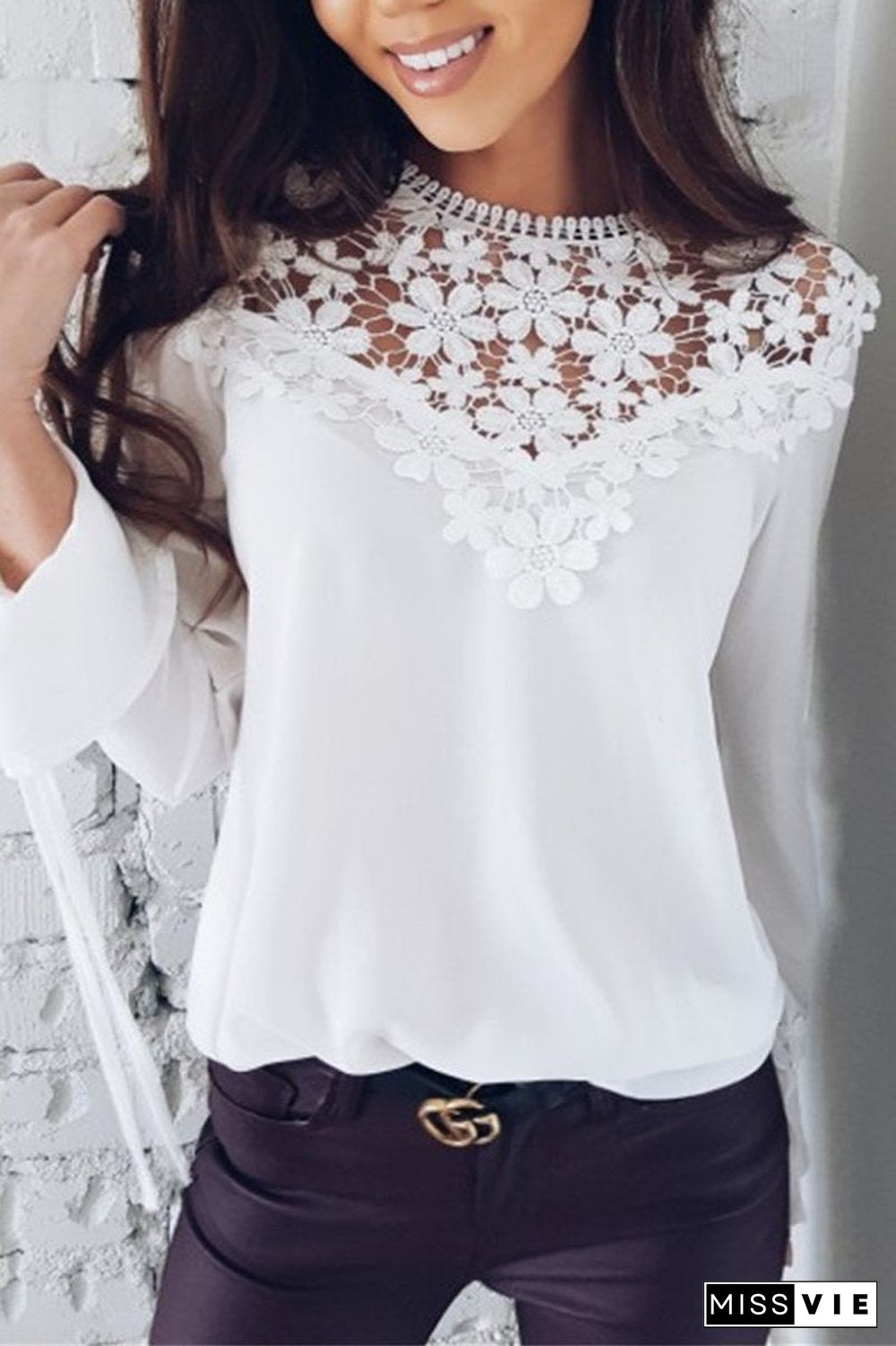 Lace Patchwork Chiffon Solid Blouse