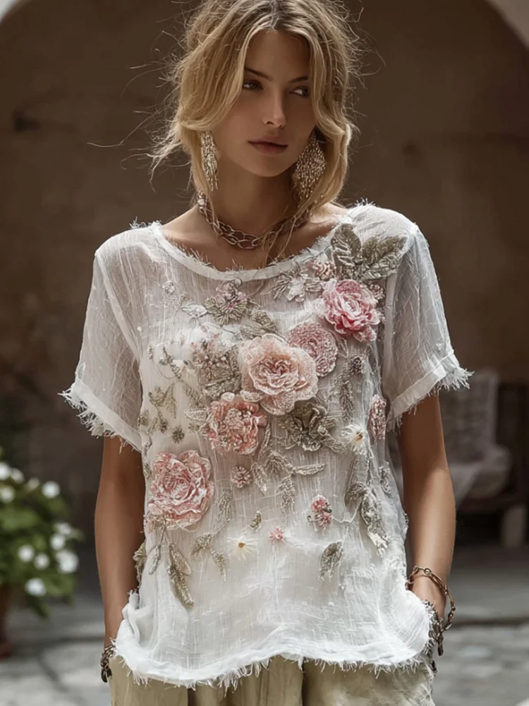 Women's Bohemian Style Rose Sequin Loose Short Sleeve