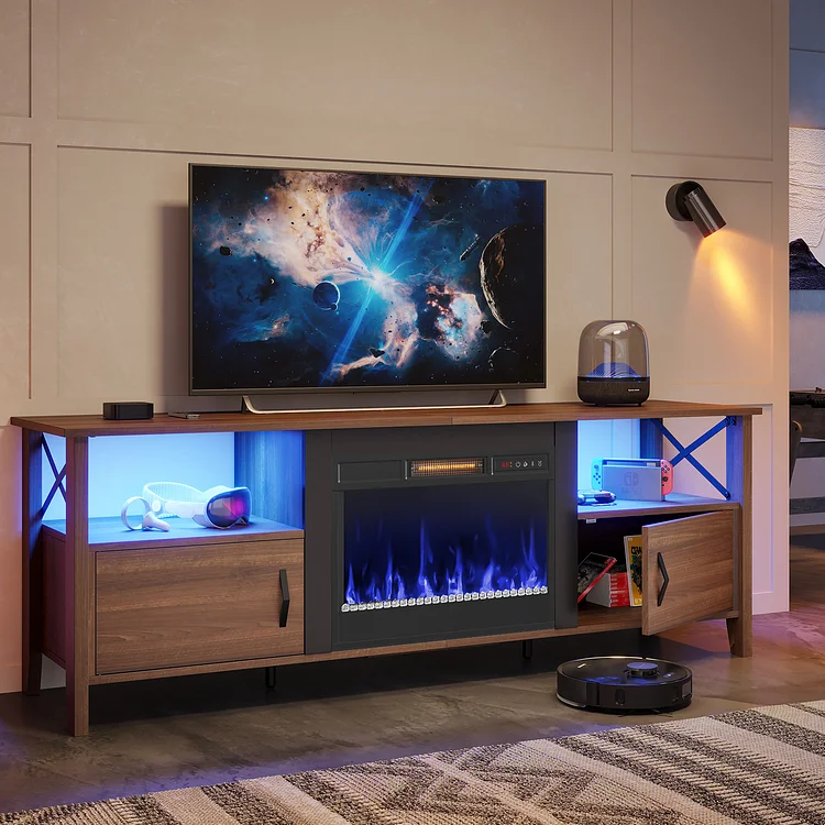 Bestier 63 inch TV Stand Farmhouse Entertainment Center with LED Lights for Living Room