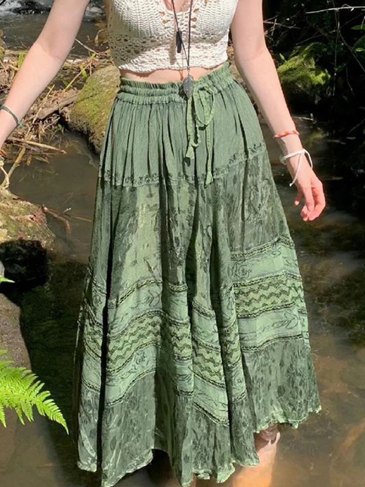 Vintage Green Floral Pattern Pleated Skirt