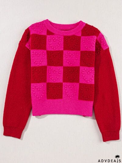 Plaid Heart Round Neck Sweater