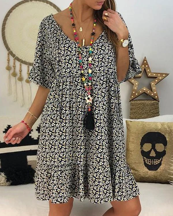 casual floral printed crew neck short sleeve plus size dress p257263