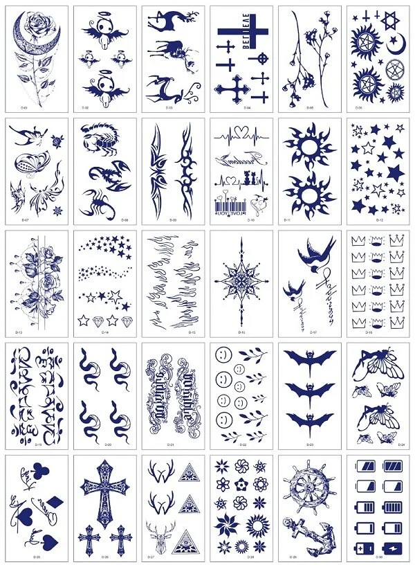 30Pcs/Set No Repeat Temporary Juice Tattoo Stickers Waterproof Disposable Butterfly Words Totem tatouage temporaire Blue Color