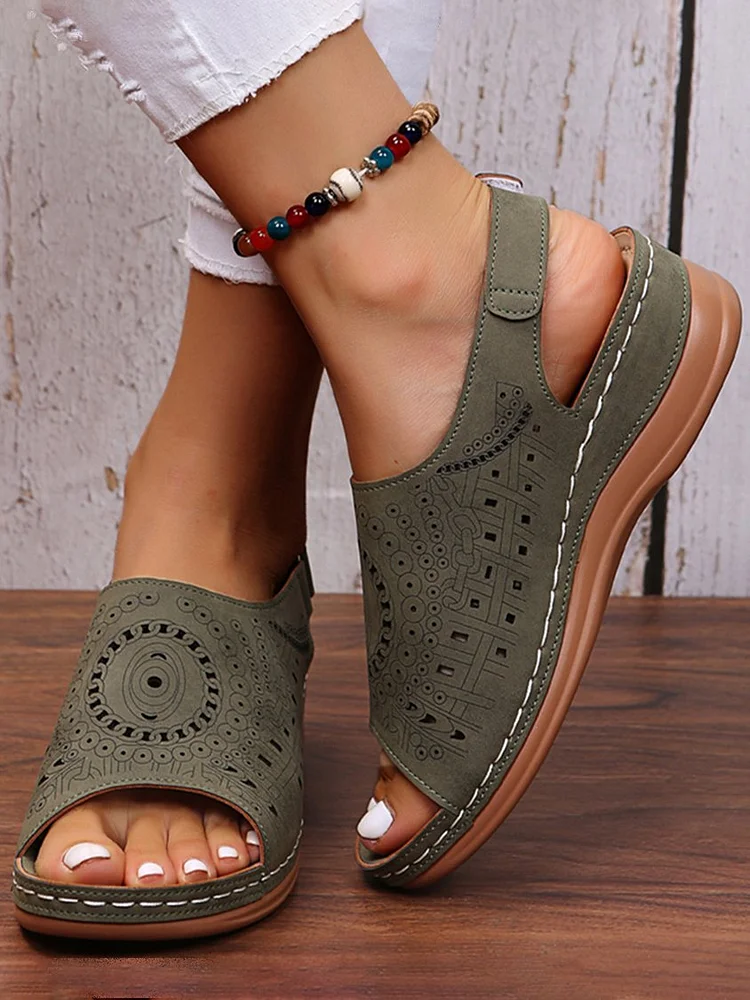 Ethnic Pattern Punched Hollow Velcro Vintage Sandals AT10069