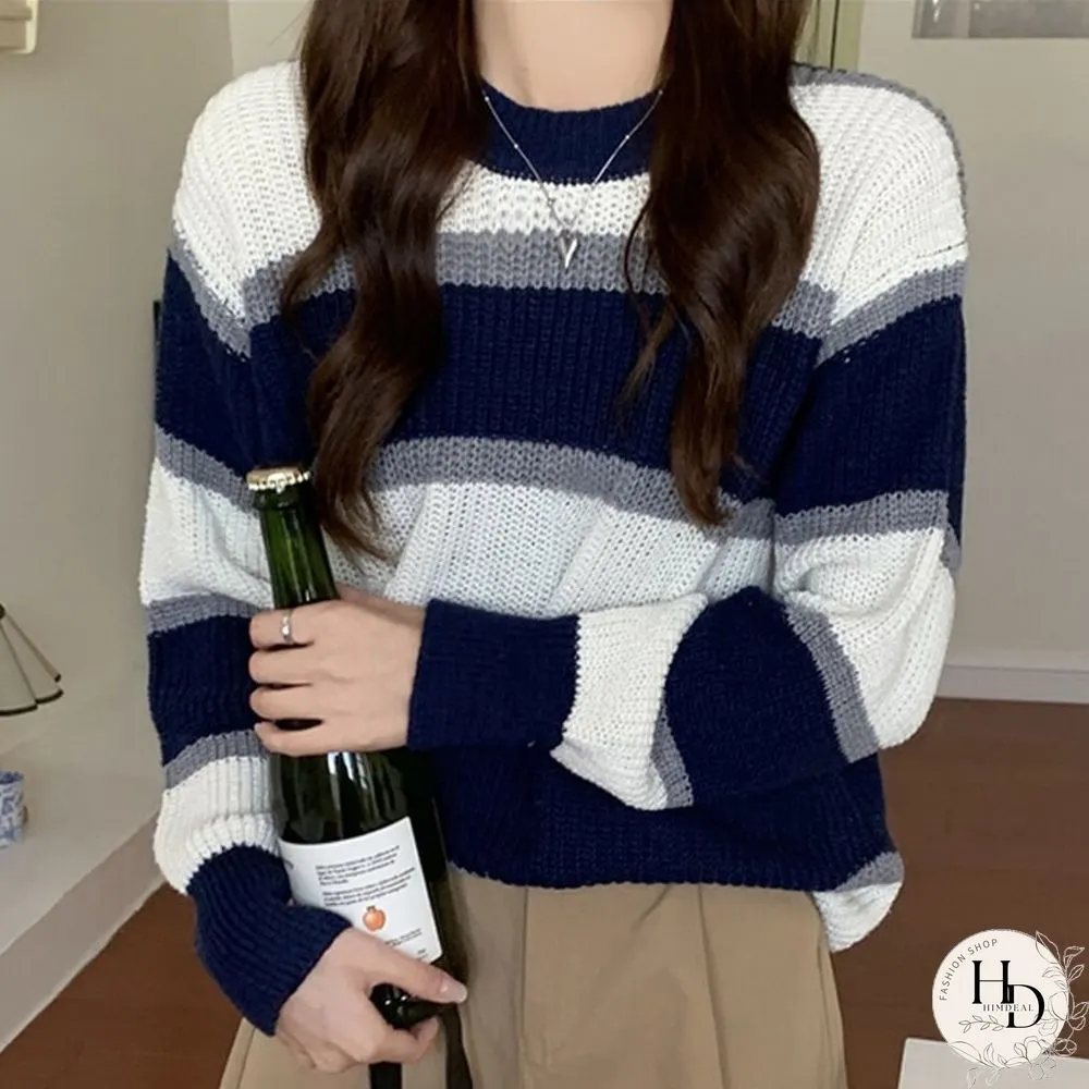 Retro elegant stripe knit sweater women causal loose long sleeves female pullovers Korean