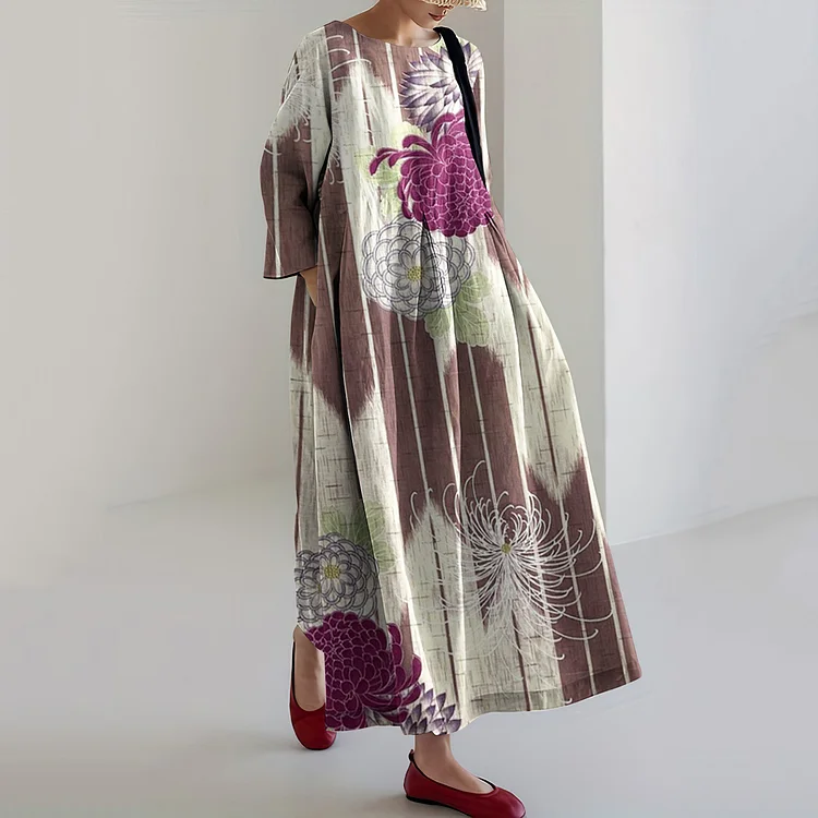 Utbros Japanese Art Chrysanthemum Print Round Neck Loose Midi Dress
