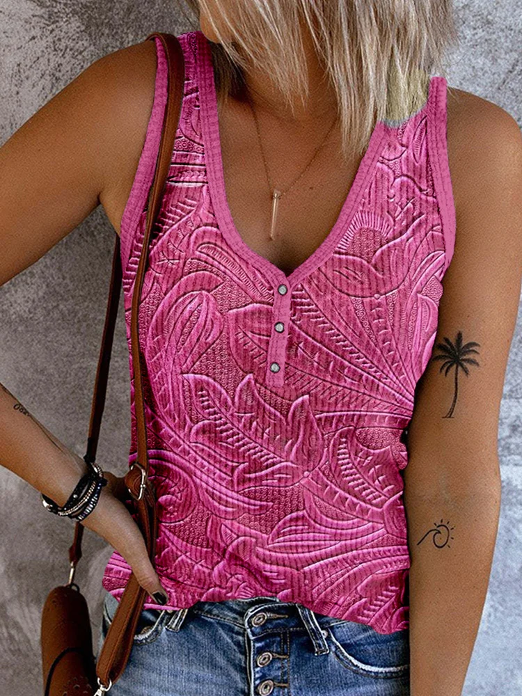 Western Embossed Leather Art Button Up Tank Top
