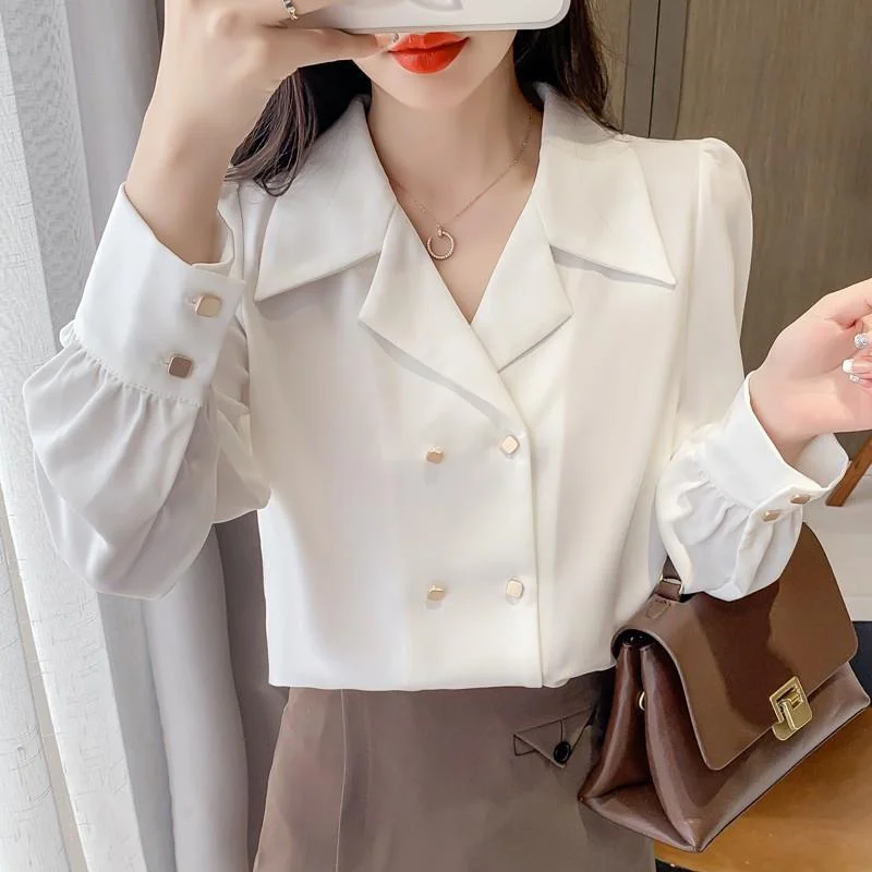 Jangj New Spring Summer Double Breasted Puff Sleeve Professional Shirt Vintage French Style Blouse Turn Down Collar Casual Shirt