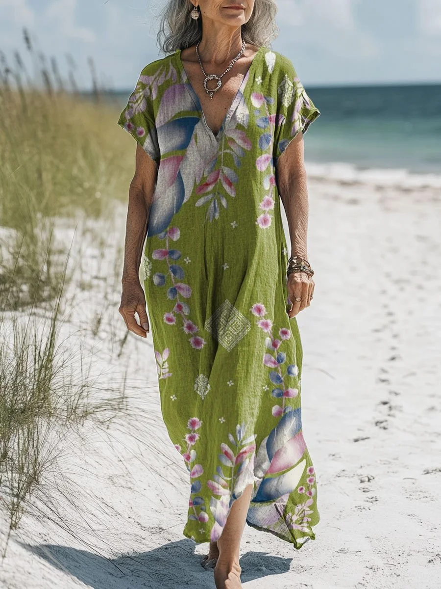 Women's Vintage Flower Art Print Pocket Cotton Dress