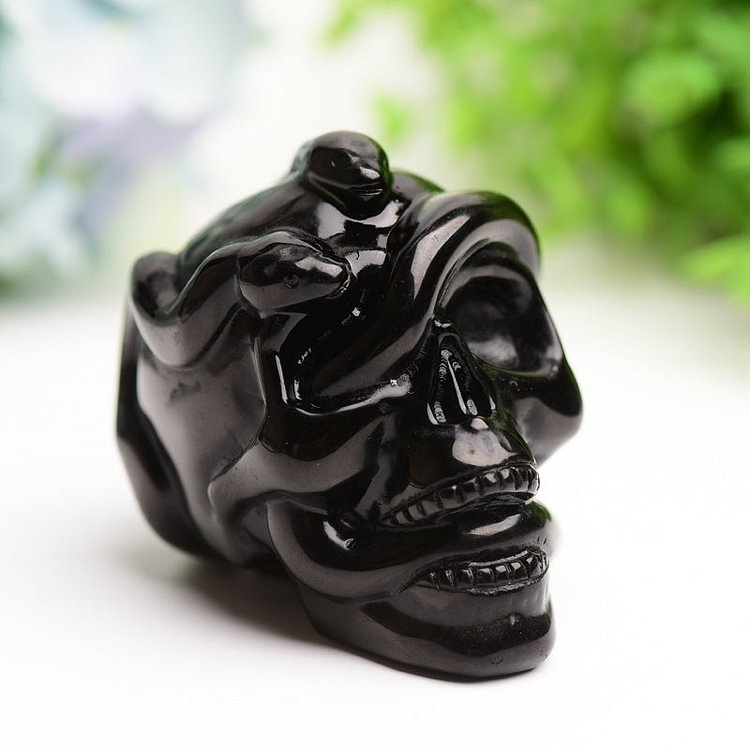 2.9" Black Obsidian Crystal Skull with Snake Decor for Halloween Bulk Crystal