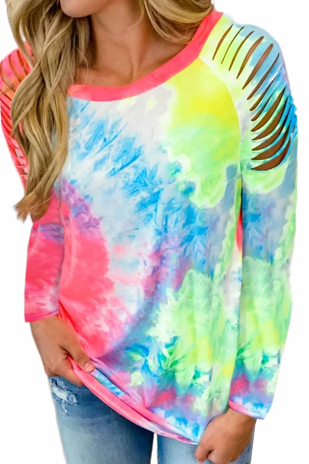 Red Round Neck Tie-dye Hollow Out Long Sleeve Top