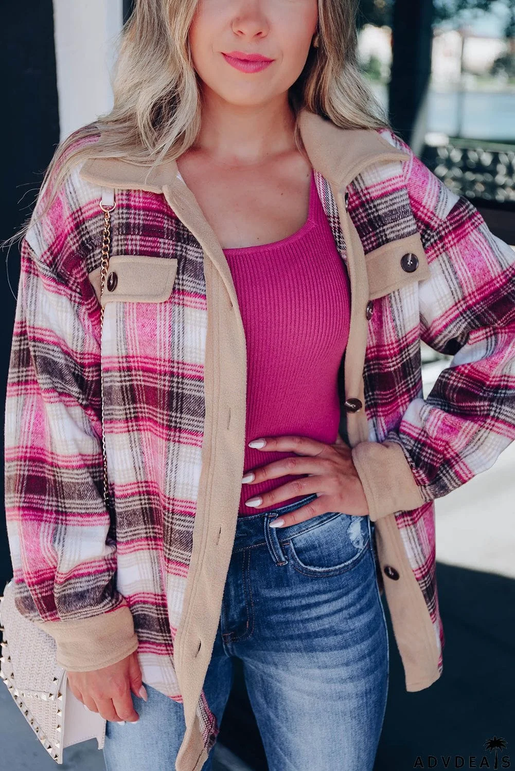 Rose Buttoned Contrast Trim Plaid Shacket
