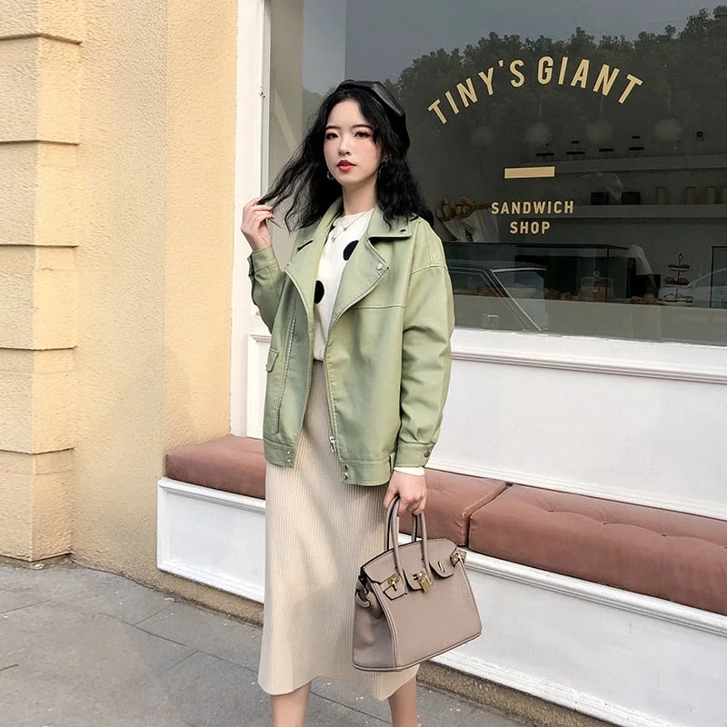 FTLZZ New Autumn Women Faux Leather Jacket Motorcycle Leather Jacket Black Loose Oversized BF Outwear