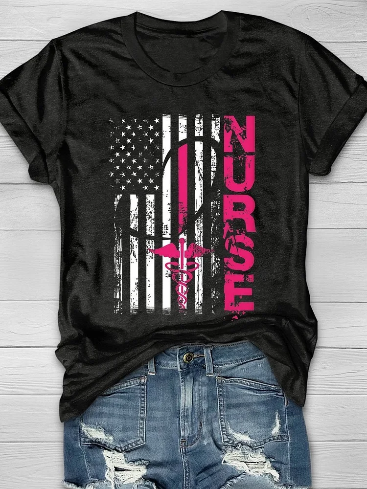 Nurse Flag Print Short Sleeve T-shirt socialshop